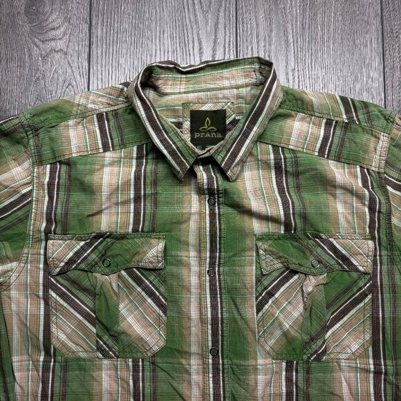 Prana Plaid Pearl Snap Green Button Shirt Large - Picture 3 of 9
